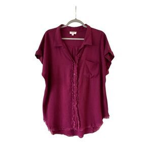 UMGEE Linen Blend Button-up Burgundy Shirt with Fringed Details medium